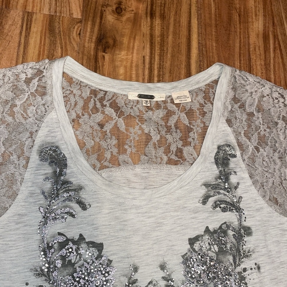 Miss Me Womens Medium top shirt slub knit embellished lace short sleeve graphic - Picture 3 of 8
